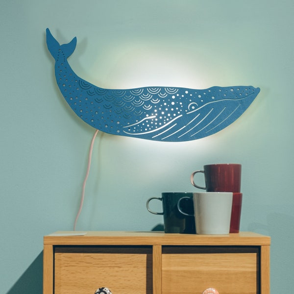 Humpback Whale lamp, Nautical nursery lighting. Wooden wall light. Blue whale kids room decor.