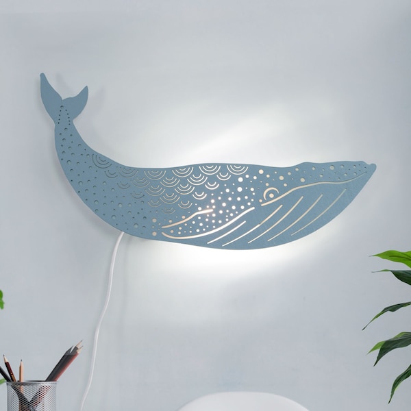 Blue whale lamp | Kids night light | Nautical or ocean nursery | Plug in whale sconce for kids room.