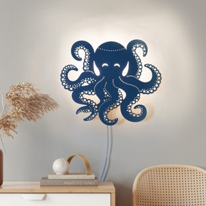 Octopus Kids Wall Light, Ocean Nursery Sconce. Wall hanging Animal plug in lamp.
