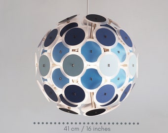 Ceiling light, chandelier lighting, blue lamp shade, pendant light, retro lampshade.