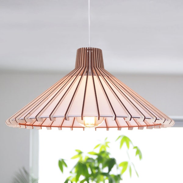White lampshade. Mcm ceiling light. Wooden pendant lamp. Modern Japandi style.