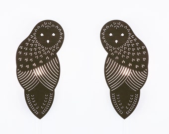 Set of Two wall sconces. Wooden Owl lamps with plug in cord.