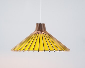 Yellow Mid Century Pendant Light for Kitchen Island, Wood and Paper Lamp Shade.