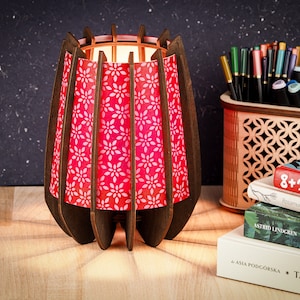 Pink Birch Plywood Table Lamp: Handmade Nightstand Light with Lokta Paper Shade