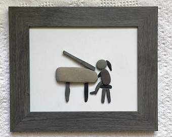 Pebble Art female or male Piano Player, Framed Stone Art, Music Lover Gift