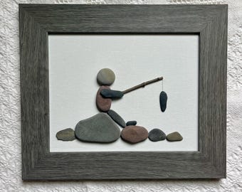 Pebble Art Fisherman: Unique Framed Fishing Gift