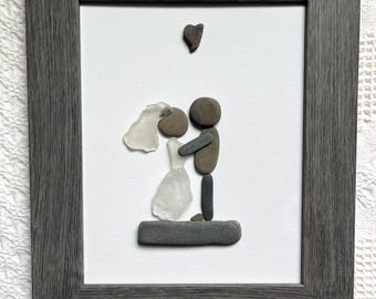 Framed Pebble Art Wedding Gift, Beach Glass Bride and Groom