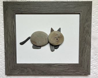 Pebble Cat Art: Framed Stone Cat Wall Hanging