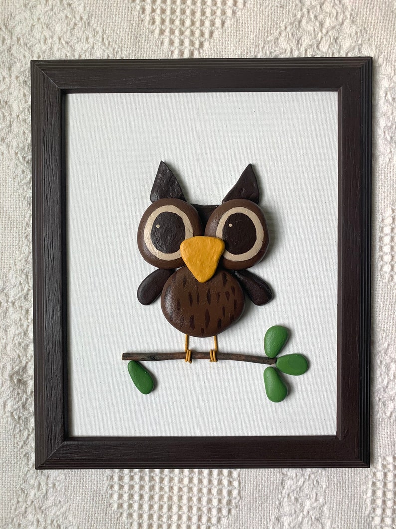 Owl decor, framed owl wall art, owl pebble art, owl collector gift, owl wall hanging, owl lover art, unique gift image 1