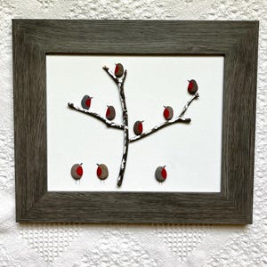Pebble art birds in a tree, holiday wall art, winter wall art, Christmas decor, pebble art birds, unique holiday gift