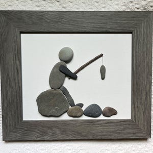 Fishing stone art, pebble art fisherman, fishing lover gift, framed pebble art, gift for fisherman, unique fishing gift