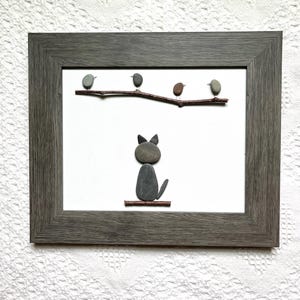 Cat lover gift, cat wall art, cat stone art, framed cat wall hanging, cat decor, unique animal lover gift, cat pebble art, cat decor
