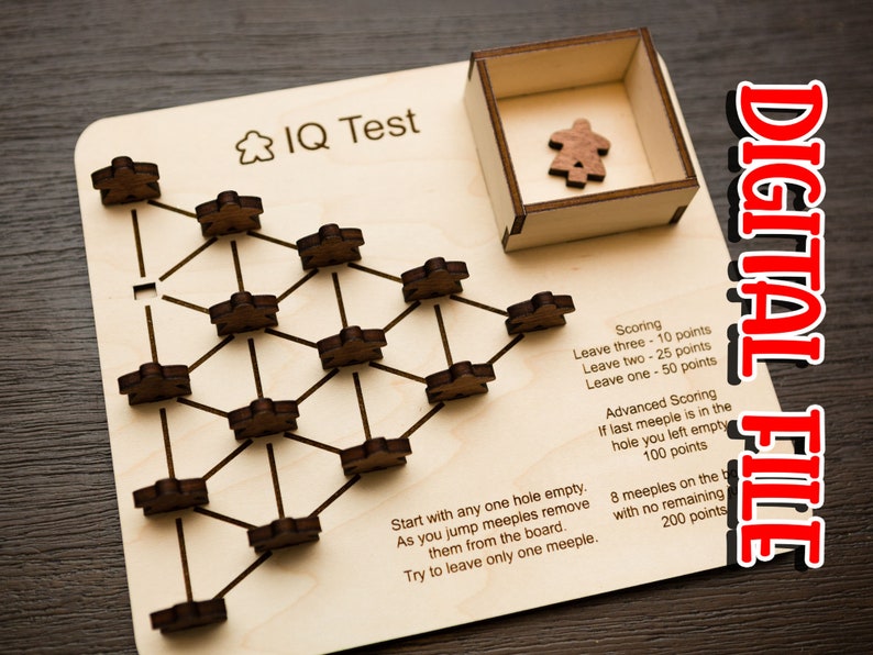 May include: Wooden IQ test board game with a network of interconnected spaces and wooden meeples. The game includes a wooden box for storing the meeples and instructions for scoring. The text "IQ Test" is printed on the board. The words "DIGITAL FILE" are printed on the side.