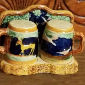 Vintage Beer Stein or Mug Salt & Pepper Shaker Set on Stand Made in Japan, Deer and Birds