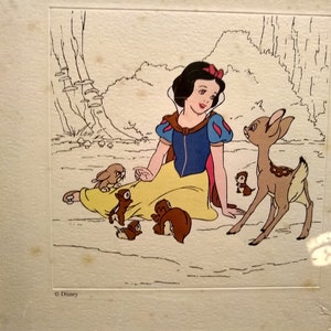 Könnte beinhalten: Schneewittchen, eine Disney-Prinzessin, sitzt auf einer Waldlichtung mit einem Reh und mehreren Eichhörnchen. Sie trägt ein gelbes Kleid mit einem rot-blauen Oberteil und eine rote Schleife im Haar. Der Hintergrund ist ein grüner Wald mit Bäumen und Büschen.