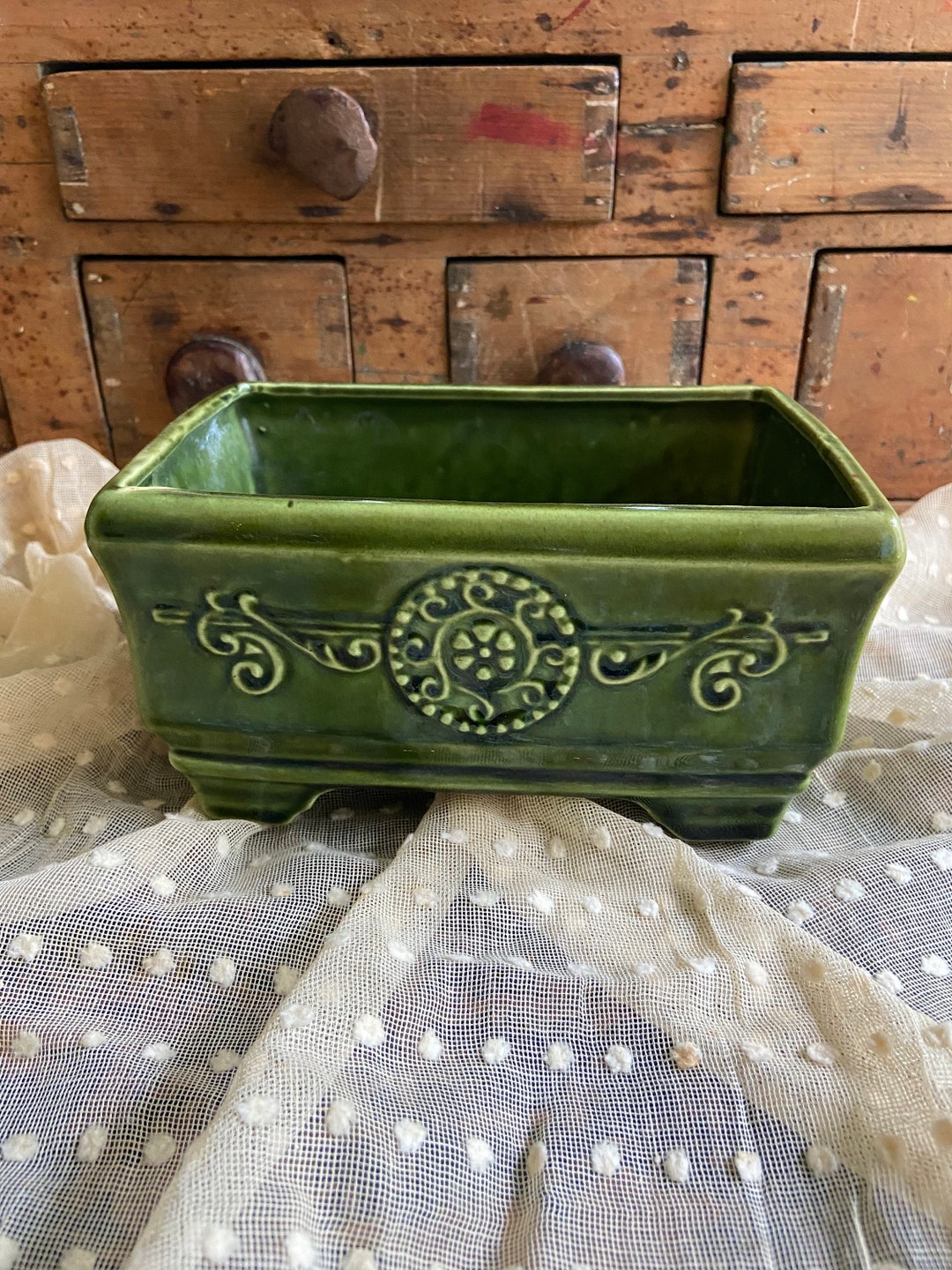 Vintage Forest Green Pottery Planter Etsy