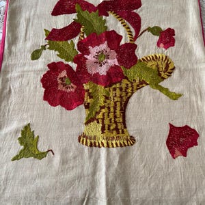 Very Old Linen Pillow Cover Crewel Embroidery Basket of Flowers