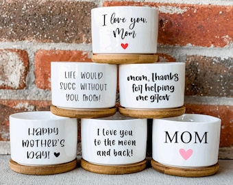 Mother's Day Planter, Small Succulent Planter, Gift for Mom, Ceramic Planter Pot with Bamboo Tray, Pun Planters, Gifts for Plant Moms