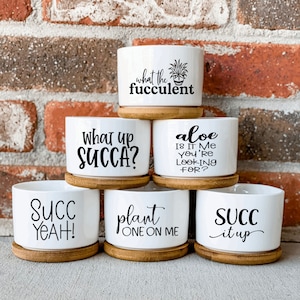 Planter Designs 2, What the Fucculent Ceramic Planter Pot Bamboo Tray, Punny Plant, Funny Plant Decor, Pun Succulent Pot, Succulent Planter