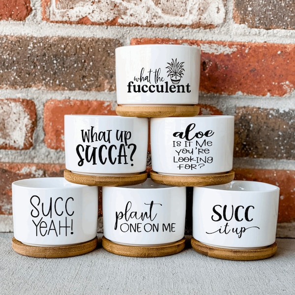 Diseños de macetas 2, Maceta de cerámica con bandeja de bambú, Planta con juego de palabras, Decoración vegetal divertida, Maceta para suculentas con juego de palabras, Maceta para suculentas