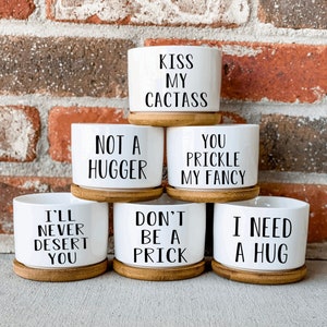 May include: Six white ceramic planters with funny sayings on them. The planters are arranged in a semi-circle on a brick surface. The sayings are: "Kiss My Cactass", "Not A Hugger", "You Prickle My Fancy", "I'll Never Desert You", "Don't Be A Prick", and "I Need A Hug".