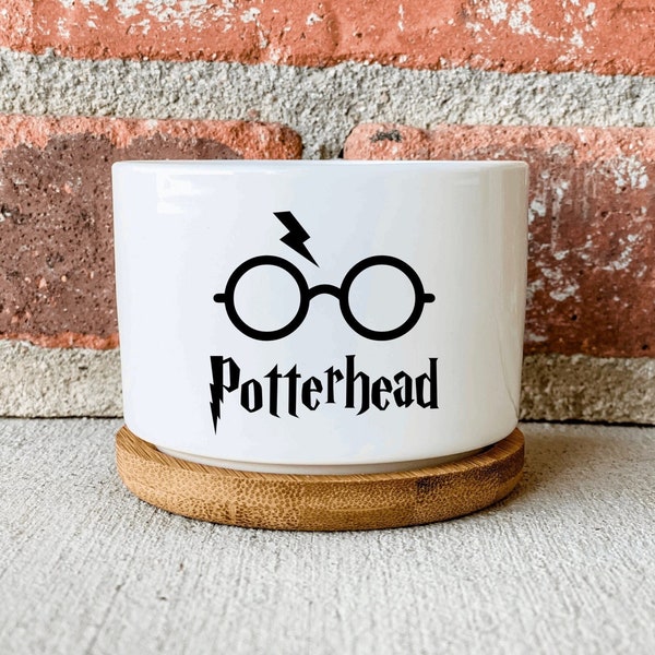 Potterhead Planter, Small Succulent Planter, Ceramic Planter Pot, Bamboo Tray, Potterhead Pot, Small Plant Pot, Stocking Stuffer, Potterhead