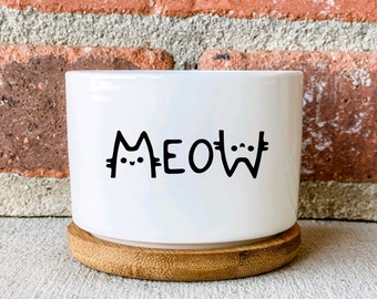 MEOW Planter, Small Succulent Planter, Ceramic Planter Pot with Bamboo Tray, Cat Planter, Meow Succulent Pot, Cat Cactus Planter, Cacti Pot