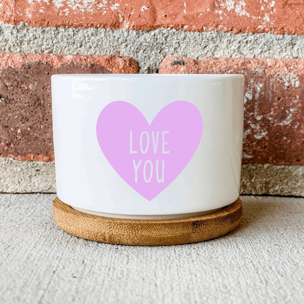 Love You Succulent Planter, Small Ceramic Planter Pot with Bamboo Tray, Plant Decor, Love Gift Heart Succulent Pot, Better Together Planter