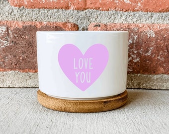 Love You Succulent Planter, Small Ceramic Planter Pot with Bamboo Tray, Plant Decor, Love Gift Heart Succulent Pot, Better Together Planter