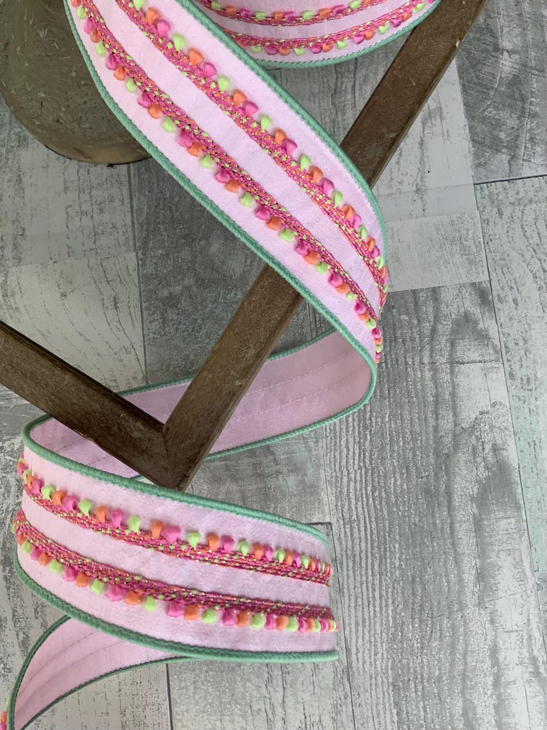 Pink Wired Ribbon With Pastel Puffs - Farrisilk Designer Ribbon, 2