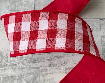 Red & White Check Wired Ribbon - Farrisilk Designer Stichery 2.5" x 10 Yards