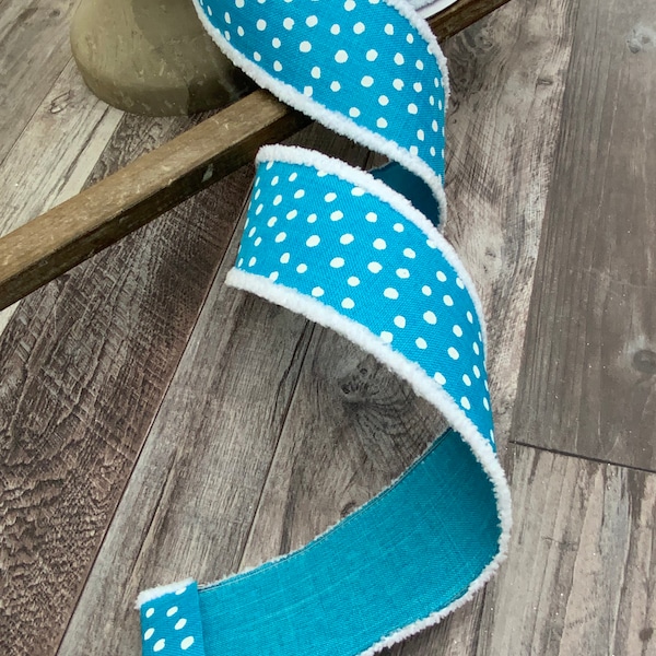 Turquoise Ribbon, Turquoise & White Dot Ribbon, Fuzzy Border, Designer Ribbon, 2.5” X 10 Yards, Farrisilk, Wired Ribbon