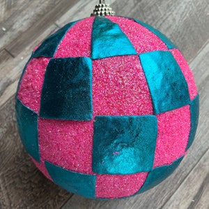 Checkered Ornament: Metallic Blue & Pink Ball (4.5” Diameter)