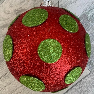 Polkadot Glitter Ornament, Polkadot Ball, Glitter Ornament, Red, Green Polkadot, 5” Diameter