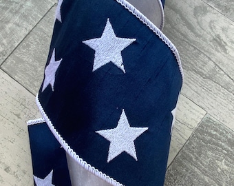 Embroidered Blue White Star Ribbon, Patriotic Wired 4th of July Decor, 4" x 10 Yards