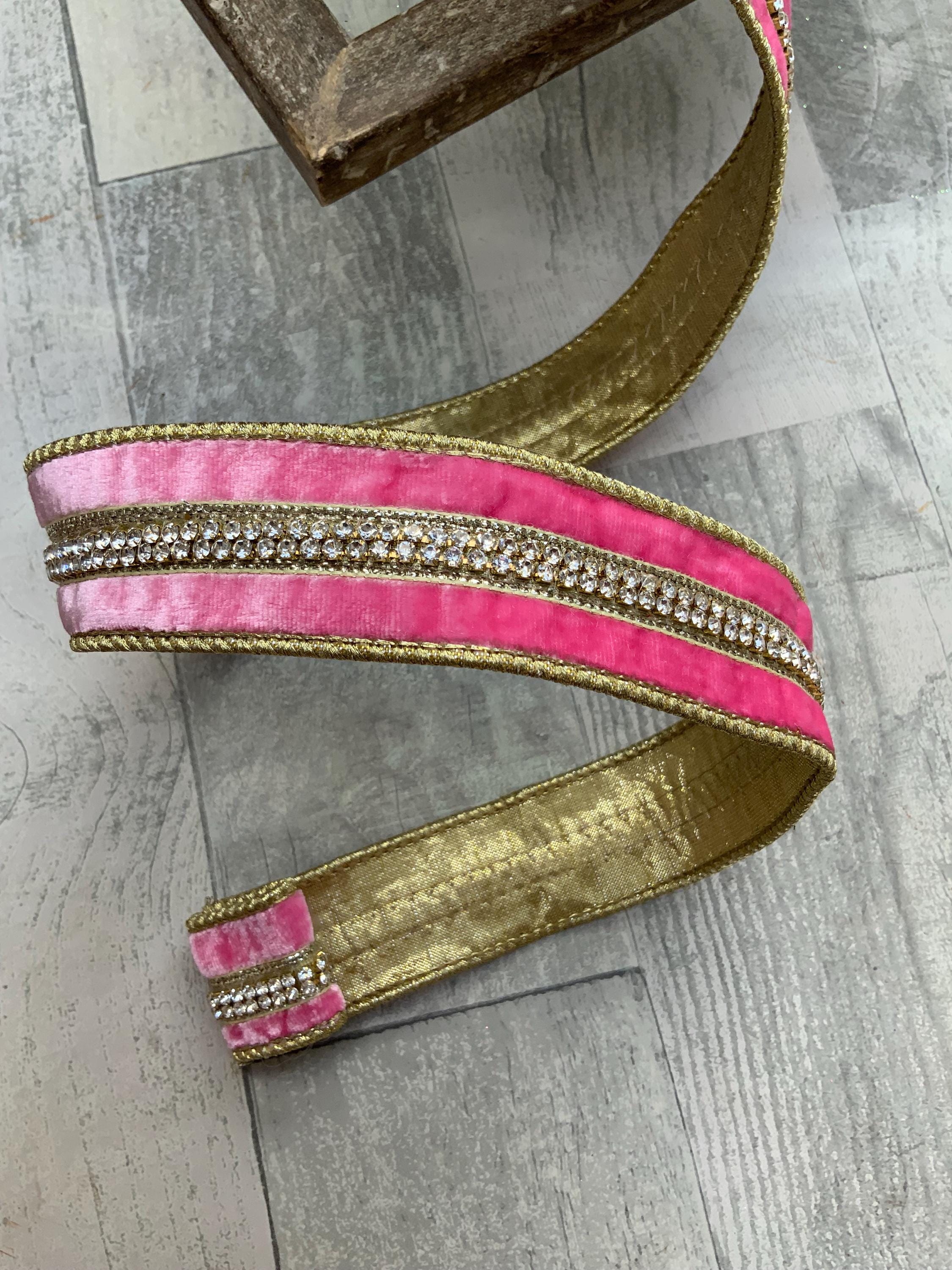 Velvet Ribbon, Pink, Crystal Trim, Gold, Wired, 1.5”, 5 Yards, D