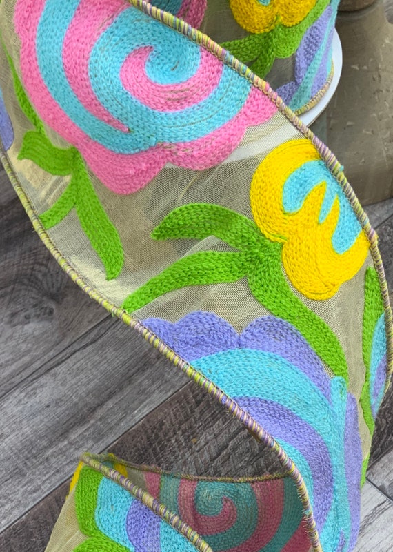 Embroidered Floral Ribbon: Pastel Wired Farrisilk, 4" x 10 Yards