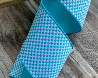 Blue Mini Check Wired Ribbon - Farrisilk Designer Ribbon, 4” x 10 Yards