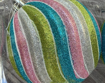 Swirling Glitter Ball Ornament Set, Colorful Stripes (6\"\")