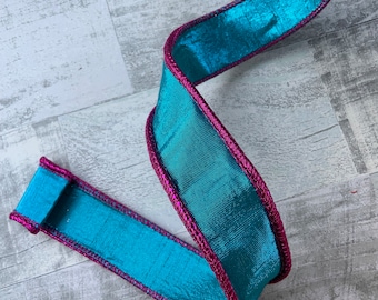 Turquoise & Hot Pink Wired Ribbon: Farrisilk Designer Luster Cord, 1.5” x 10 Yards