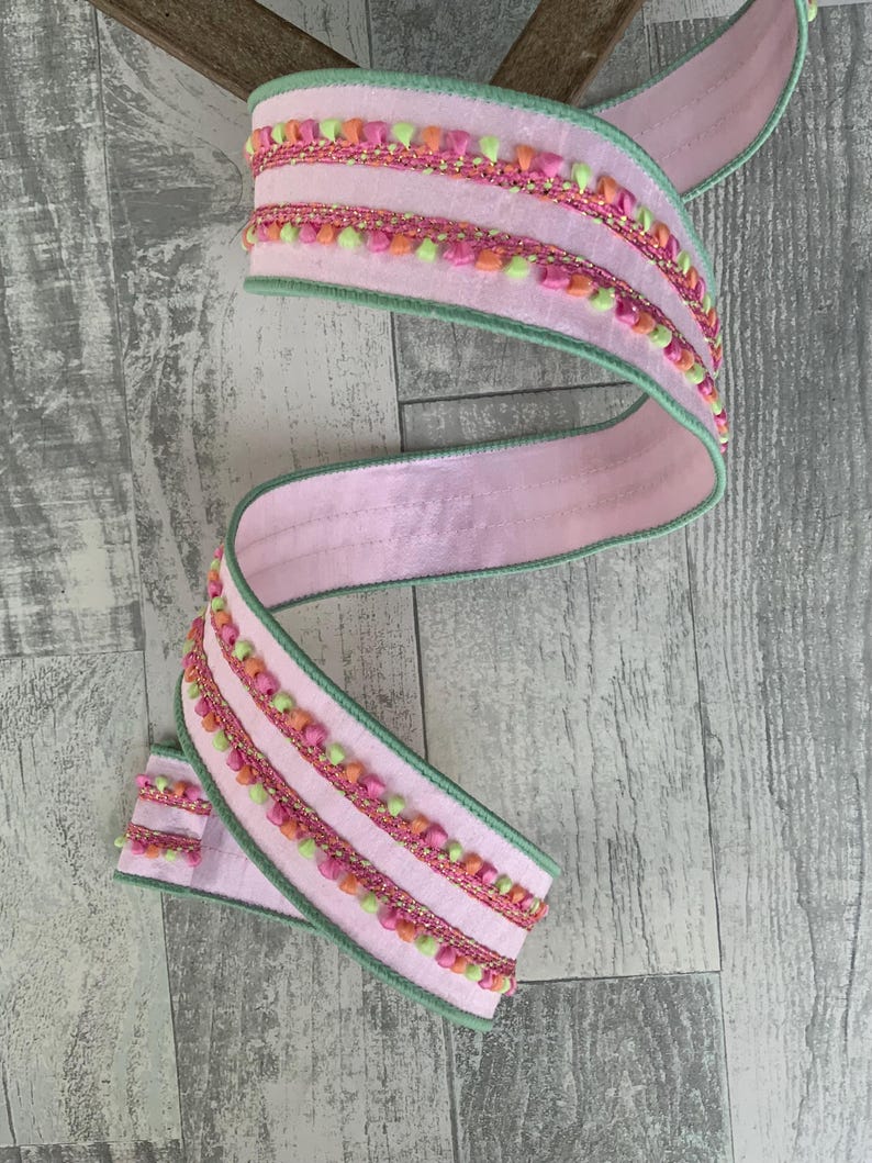 Pink Wired Ribbon With Pastel Puffs - Farrisilk Designer Ribbon, 2
