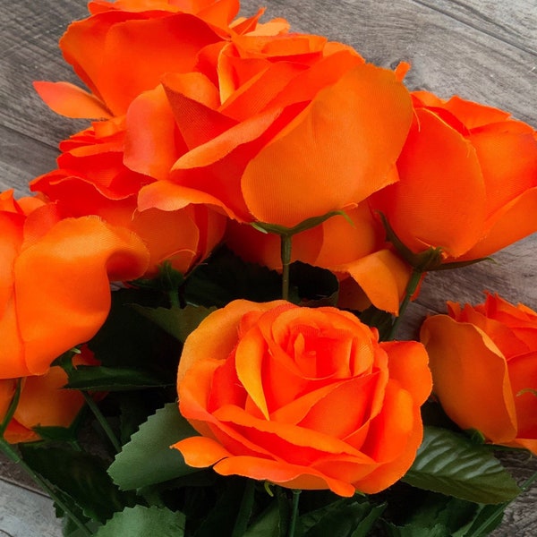 Rose Bush, Orange, Lillian Open Rose Bush, Floral Stem, 12 Flowers, 17” H, Silk Flower