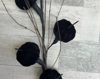 Black Velvet Pumpkin Stem: Fall Designer Decor (38”)