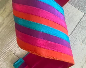 Striped Wired Ribbon: Double Sided Hot Pink, Blue, Orange, Purple - 4" Designer Ribbon