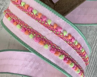 Pink Wired Ribbon with Pastel Puffs - Farrisilk Designer Ribbon, 2" x 10 Yards