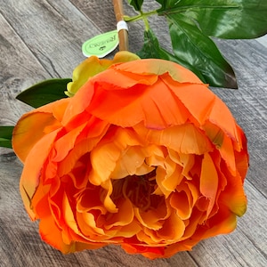 May include: A single orange artificial peony flower with green leaves. The flower is fully bloomed and has a delicate, layered texture. The stem is brown and has a green tag that says "Regency".