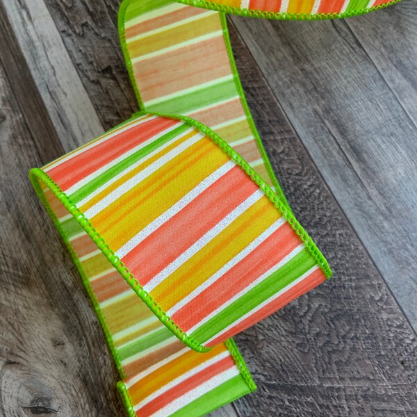 Stripe Ribbon, Wired Ribbon, Citrus Stripes, 2.5” Ribbon, Designer Ribbon, Farrisilk