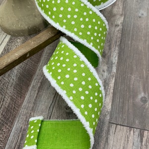 Lime Ribbon, Lime & White Dot Ribbon, Fuzzy Border, Designer Ribbon, 2.5” X 10 Yards, Farrisilk, Wired Ribbon