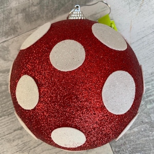 Polkadot Glitter Ornament, Polkadot Ball, Glitter Ornament Ball, Red, White Polkadot, 5” Diameter