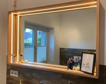 LED Spiegel Holz Badspiegel Spiegelkonsole Badezimmerspiegel Badezimmer Massivholz beleuchtet Eiche Deko Design